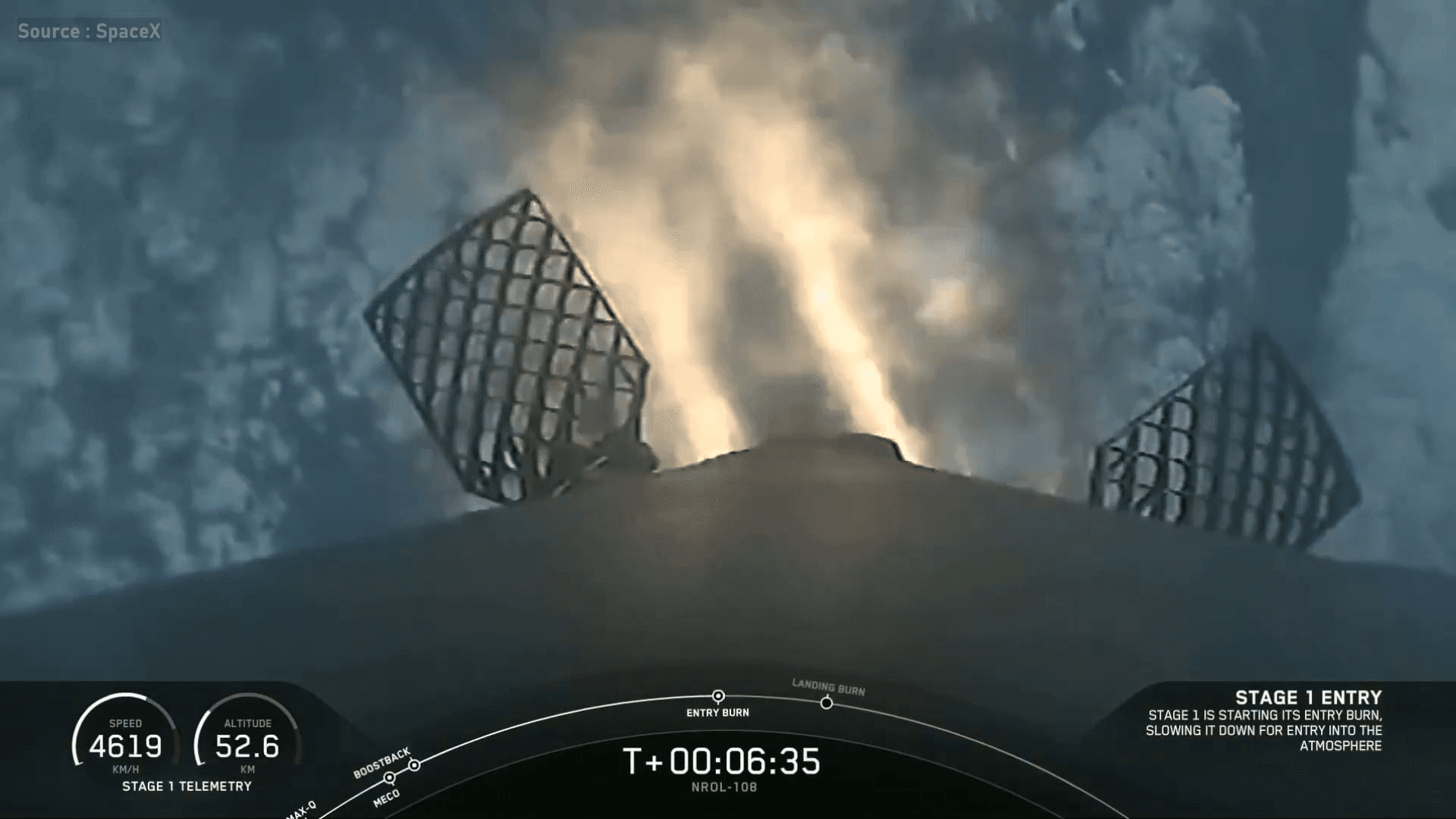 Merlin engines on the booster firing during entry burn