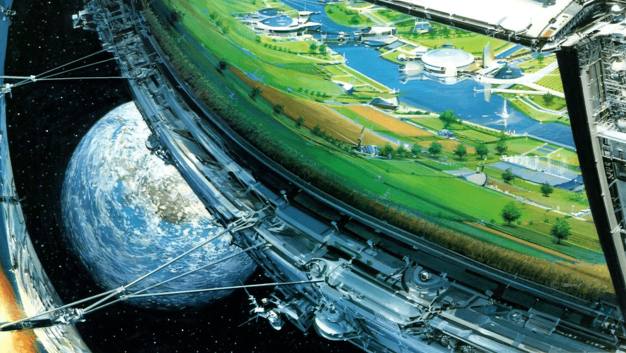 An artists visualization of a Stanford Torus near Earth